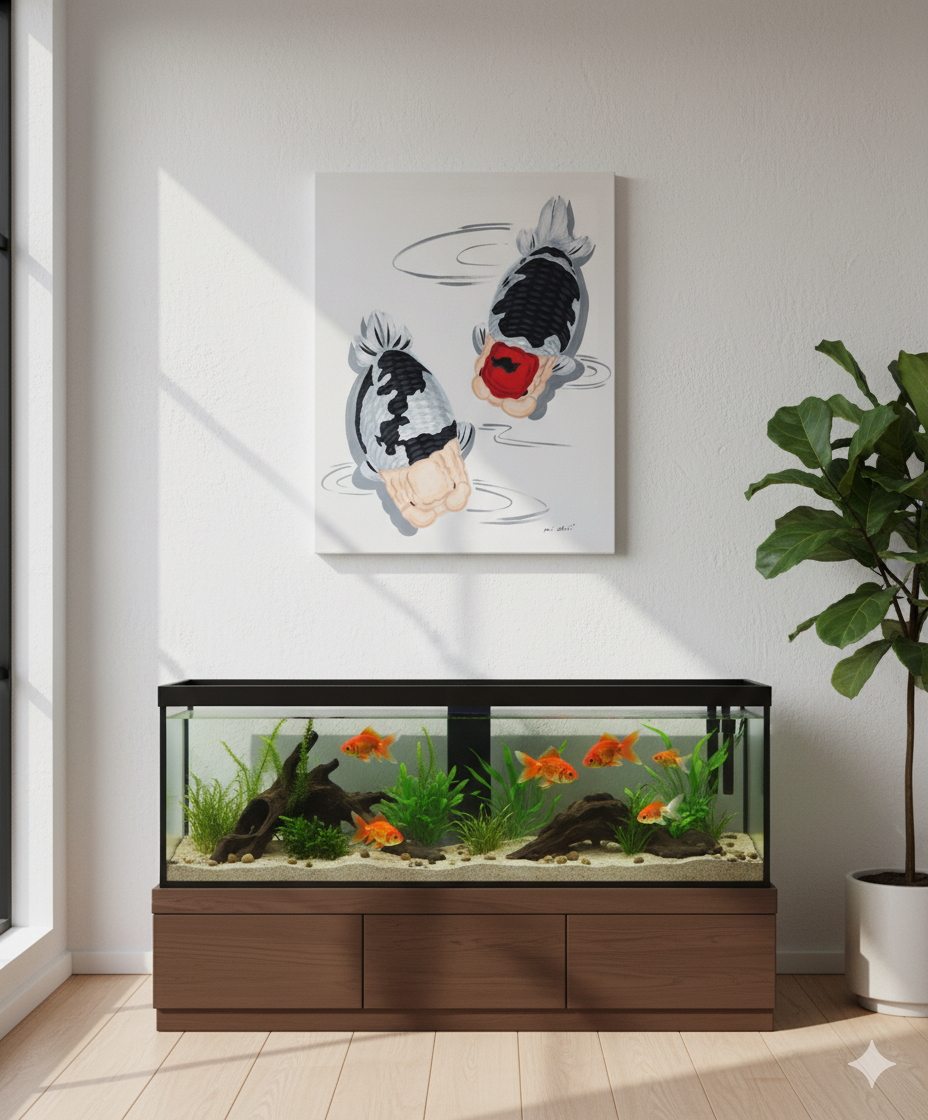 Ranchu Duo Goldfish Painting on Canvas – Cow Ranchu & Tancho Cow Ranchu, Top View | Hand-Painted Fancy Goldfish Art