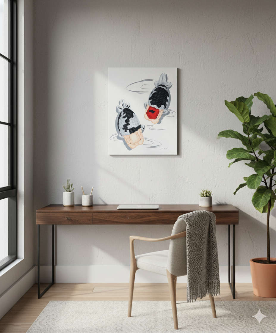 Ranchu Duo Goldfish Painting on Canvas – Cow Ranchu & Tancho Cow Ranchu, Top View | Hand-Painted Fancy Goldfish Art