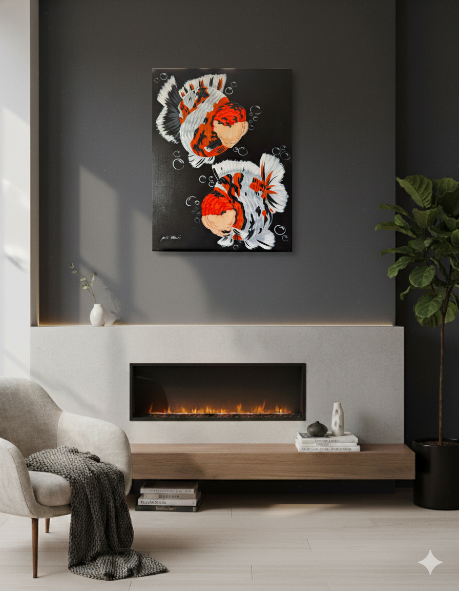 Tiger Short Tail Orandas Painting on Canvas – Hand-Painted Goldfish Art with Perfect Round Bodies | Fancy Goldfish Wall Décor