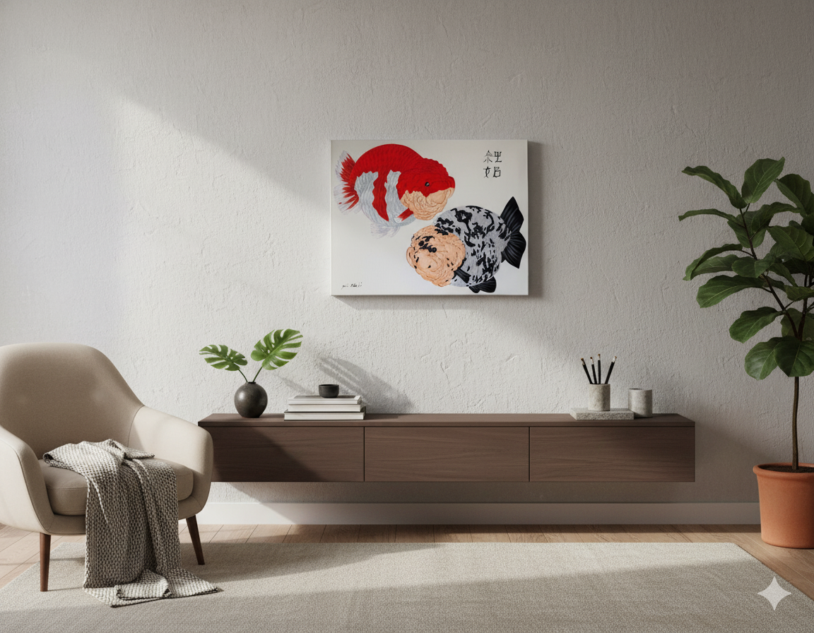 Ranchu Duo Goldfish Painting on Canvas – Red White Ranchu & White Tiger Ranchu, Side View | Hand-Painted Fancy Goldfish Art