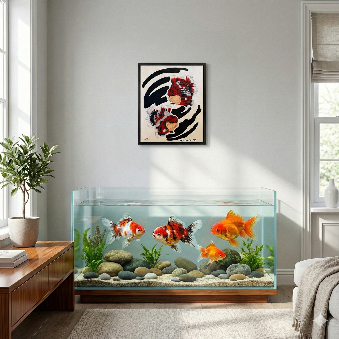 Modern Zen Sumi-e Style Oranda Goldfish Art Painting