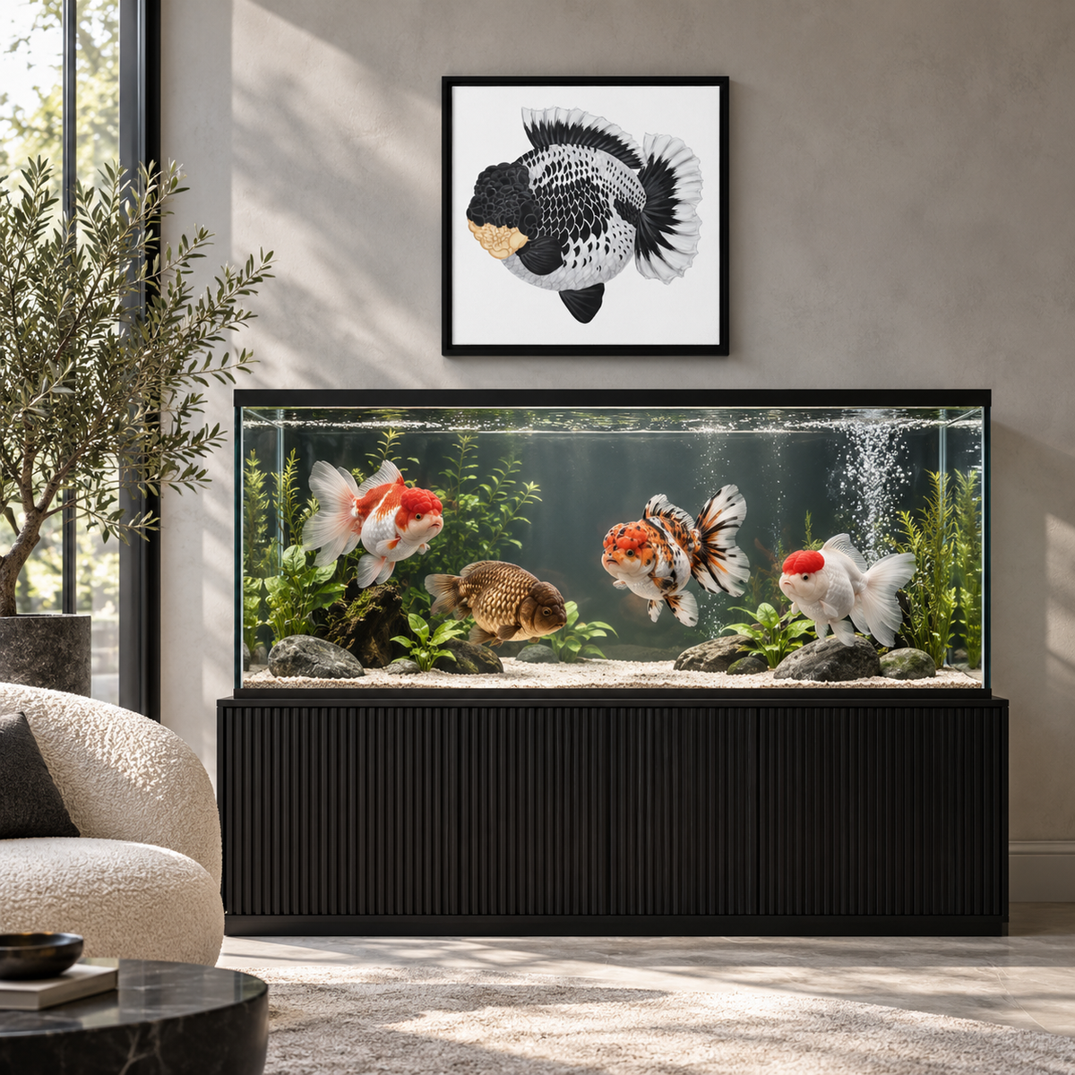 Black Cap Panda Oranda Framed Canvas | Black and White Fancy Goldfish Wall Art