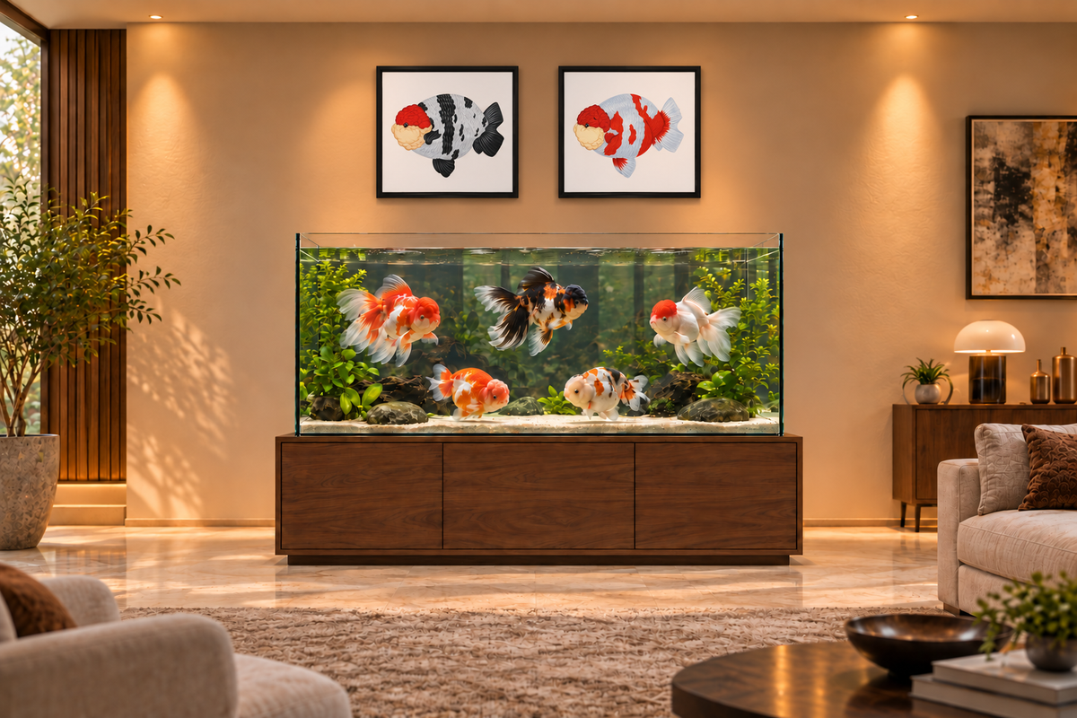 Red and White Ranchu Framed Canvas | Fancy Goldfish Wall Art
