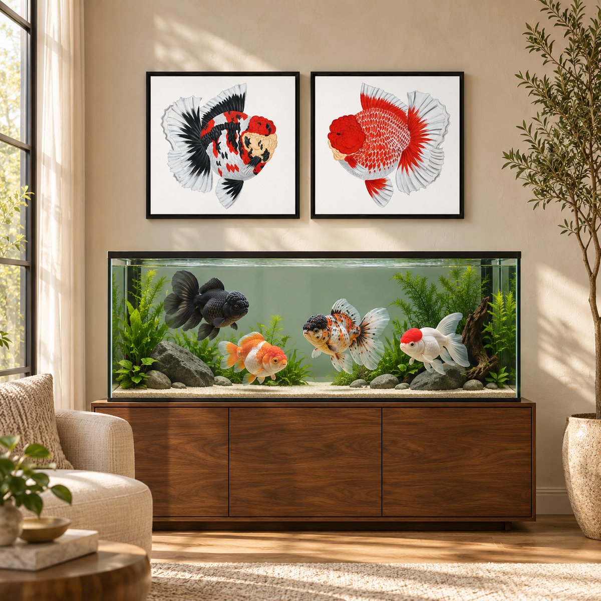 Red and White Deer Spot Oranda Framed Canvas | Long Tail Fancy Goldfish Wall Art