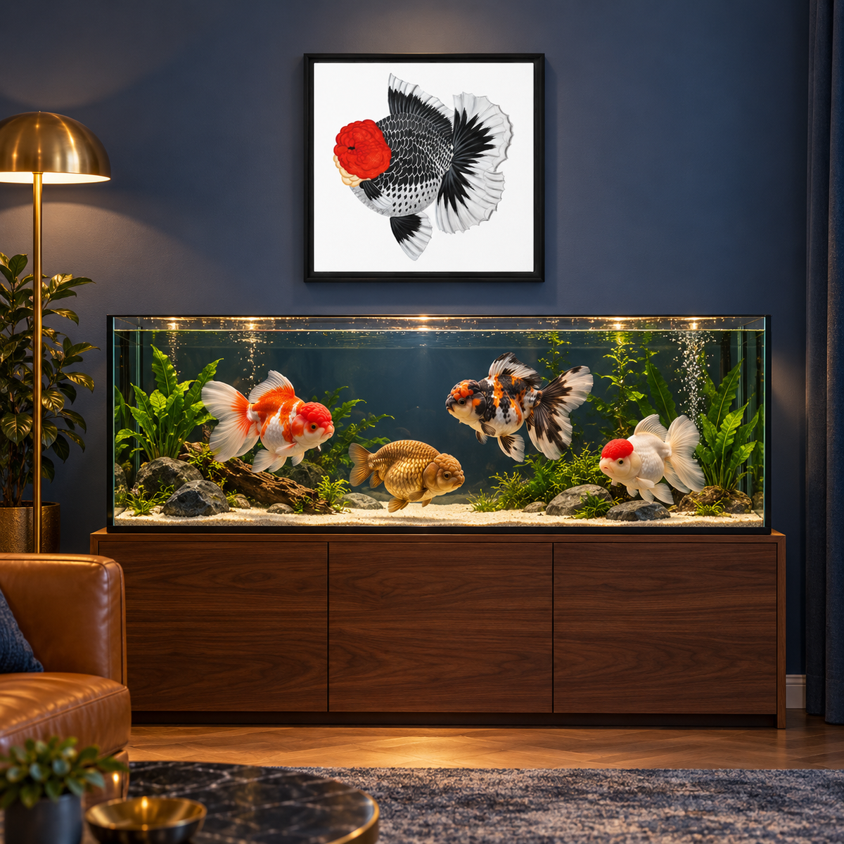 Red Head Kirin Oranda Framed Canvas | Long Tail Fancy Goldfish Wall Art