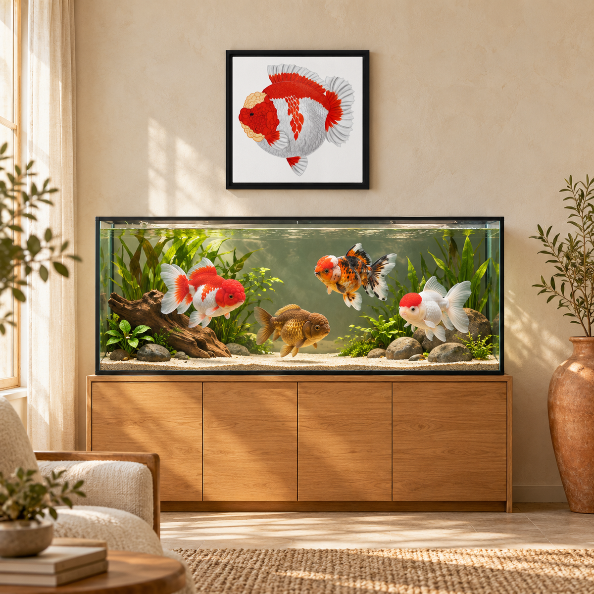 Jade Crown Oranda Framed Canvas | Red and White Fancy Goldfish Wall Art