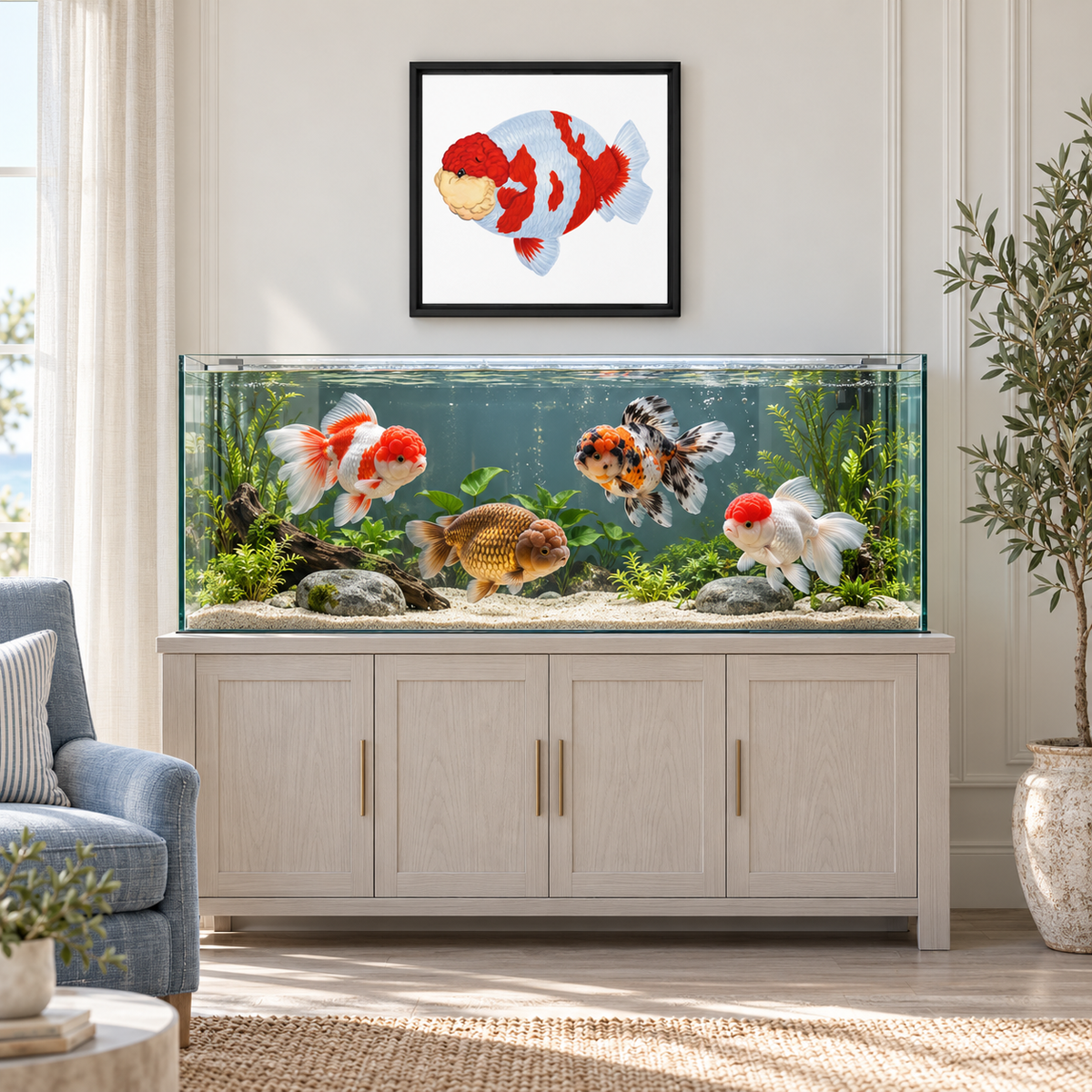 Red and White Ranchu Framed Canvas | Fancy Goldfish Wall Art