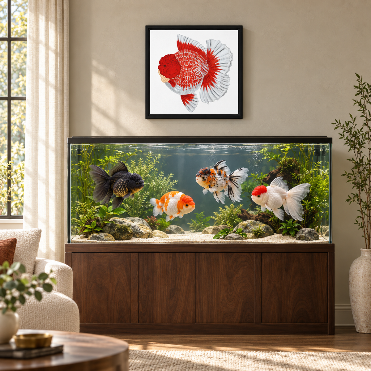 Red and White Deer Spot Oranda Framed Canvas | Long Tail Fancy Goldfish Wall Art