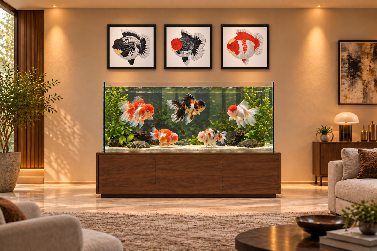 Jade Crown Oranda Framed Canvas | Red and White Fancy Goldfish Wall Art
