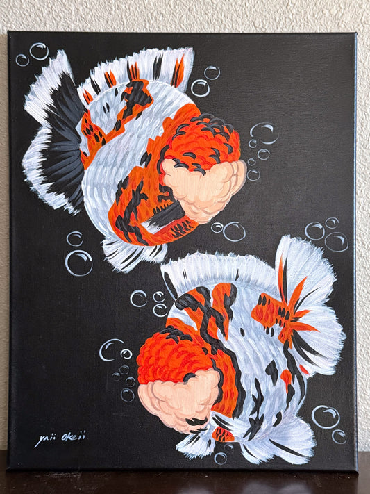Tiger Short Tail Orandas Painting on Canvas – Hand-Painted Goldfish Art with Perfect Round Bodies | Fancy Goldfish Wall Décor