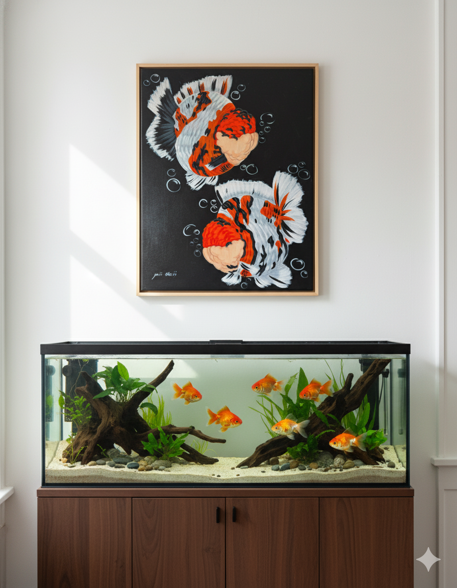 Tiger Short Tail Orandas Painting on Canvas – Hand-Painted Goldfish Art with Perfect Round Bodies | Fancy Goldfish Wall Décor