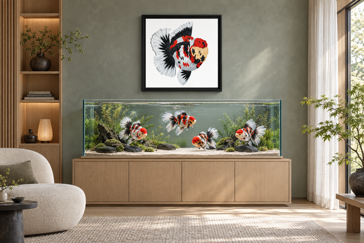Tricolor Oranda Goldfish Framed Canvas Art | Red, Black and White Fancy Goldfish Wall Art