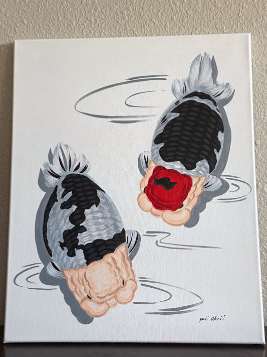 Ranchu Duo Goldfish Painting on Canvas – Cow Ranchu & Tancho Cow Ranchu, Top View | Hand-Painted Fancy Goldfish Art