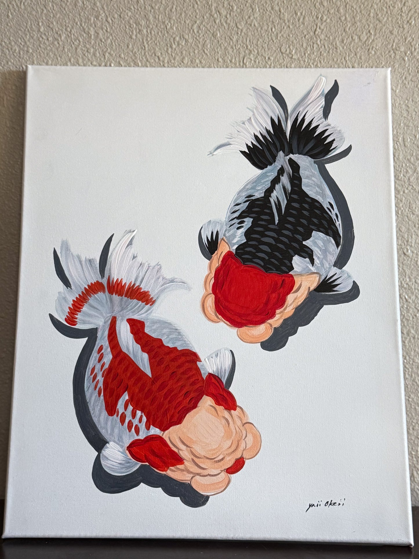 Oranda Duo Goldfish Painting on Canvas – Tancho Panda & Red White Oranda, Top View | Hand-Painted Fancy Goldfish Art