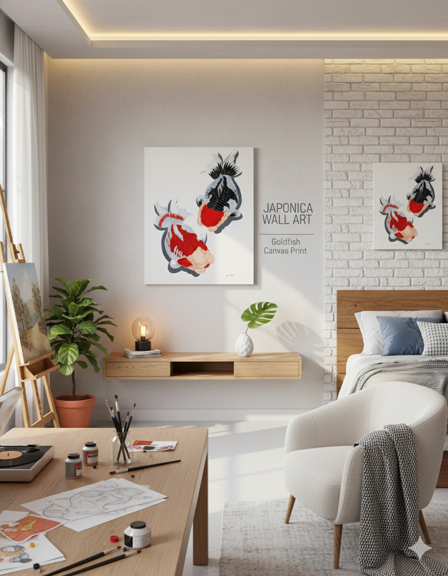 Oranda Duo Goldfish Painting on Canvas – Tancho Panda & Red White Oranda, Top View | Hand-Painted Fancy Goldfish Art