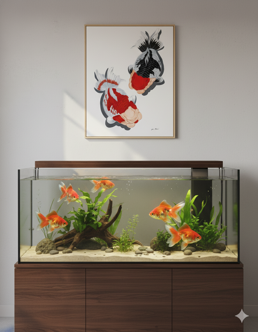Oranda Duo Goldfish Painting on Canvas – Tancho Panda & Red White Oranda, Top View | Hand-Painted Fancy Goldfish Art