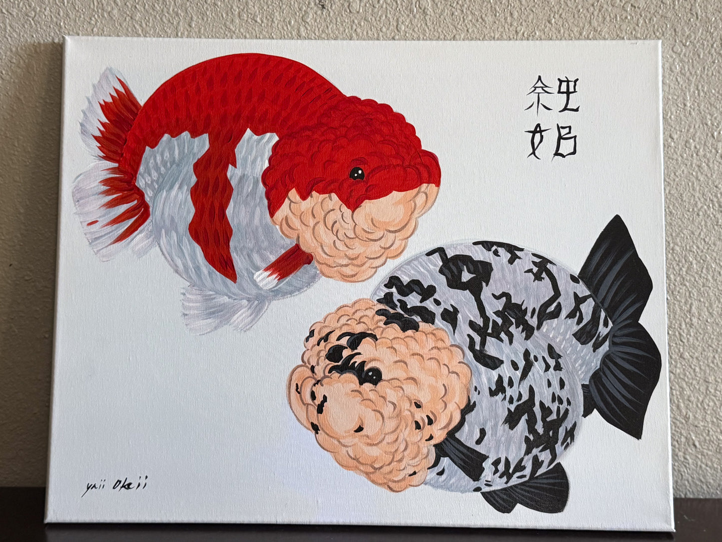 Ranchu Duo Goldfish Painting on Canvas – Red White Ranchu & White Tiger Ranchu, Side View | Hand-Painted Fancy Goldfish Art
