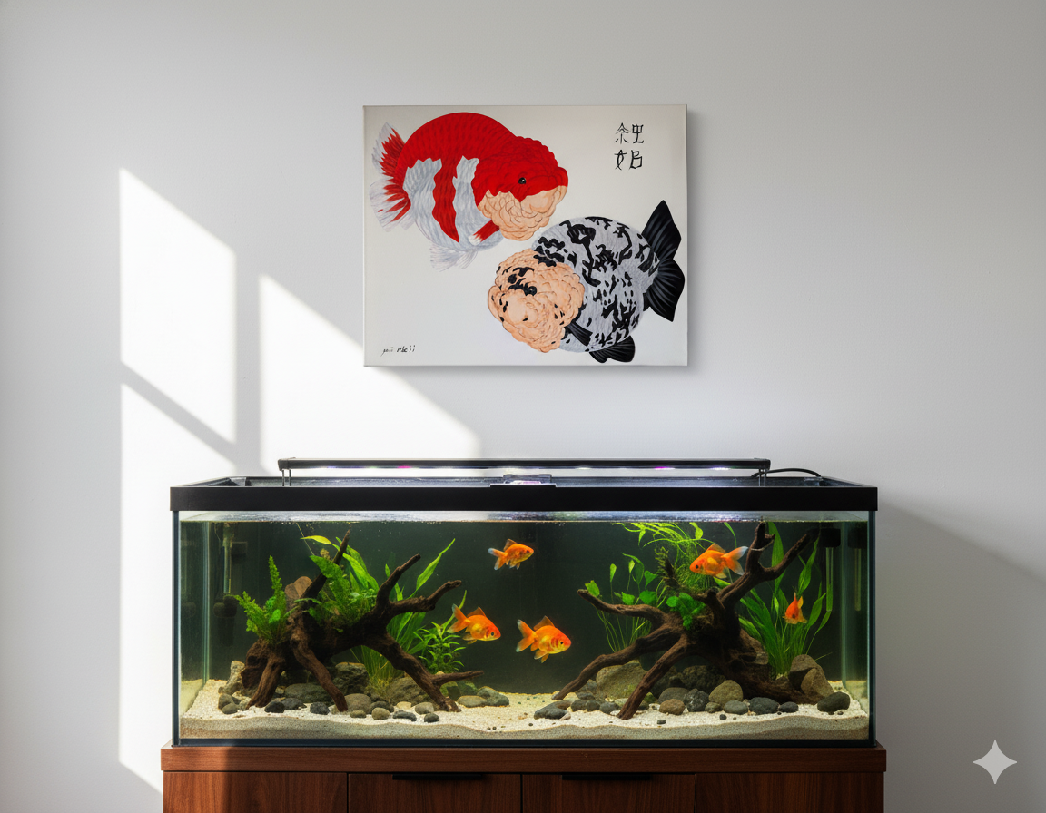 Ranchu Duo Goldfish Painting on Canvas – Red White Ranchu & White Tiger Ranchu, Side View | Hand-Painted Fancy Goldfish Art