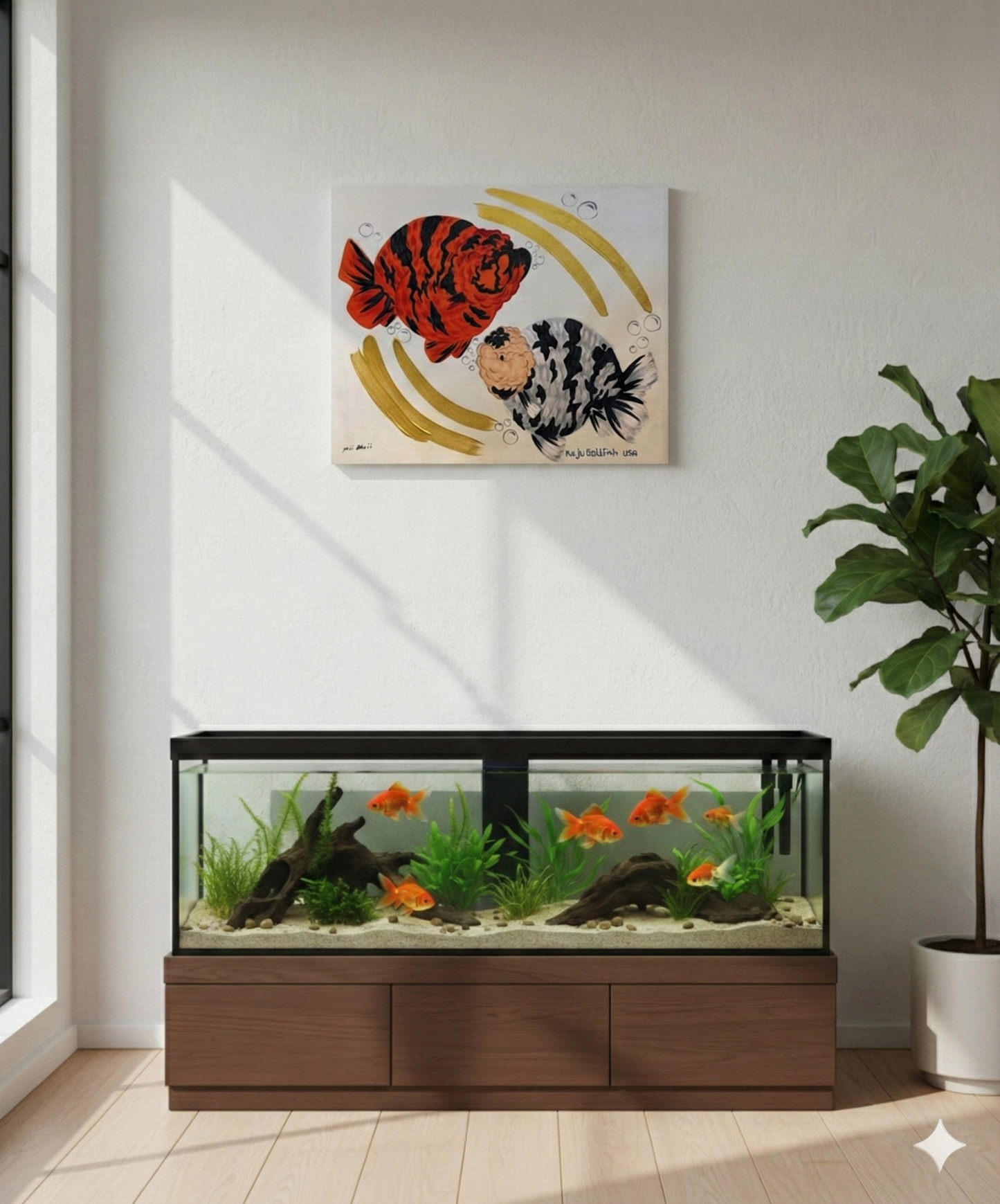 Hand Painted Red and White Tiger Ranchu Goldfish Art Canvas