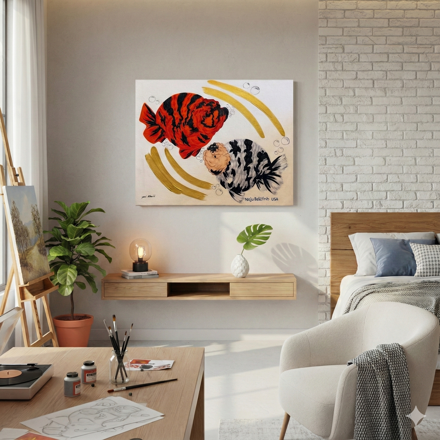 Hand Painted Red and White Tiger Ranchu Goldfish Art Canvas